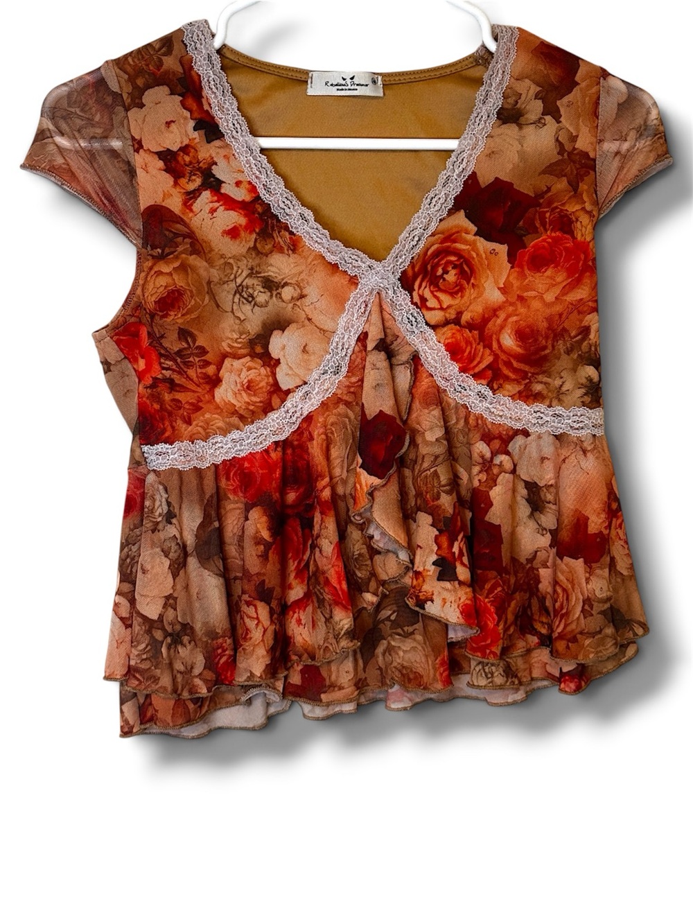 Rebellious Dreamer Floral Sheer Mesh Lace-Trim V-Neck Top